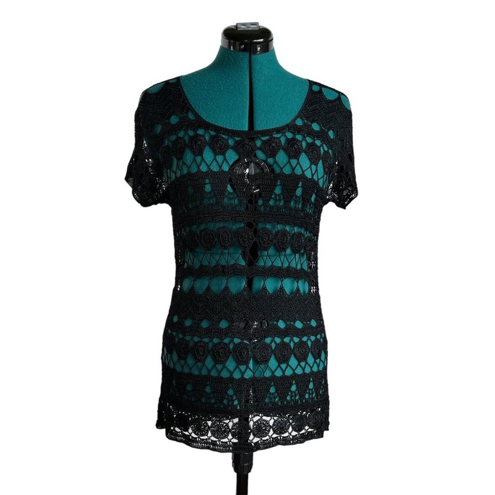 Chico's Black Crochet Lace Size 1 Short Sleeve Tunic Top US S or 8